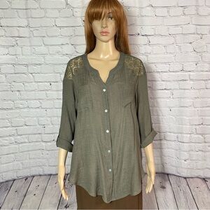 Alyx 3/4 Sleeve Lace Shoulder Olive Blouse Size XL